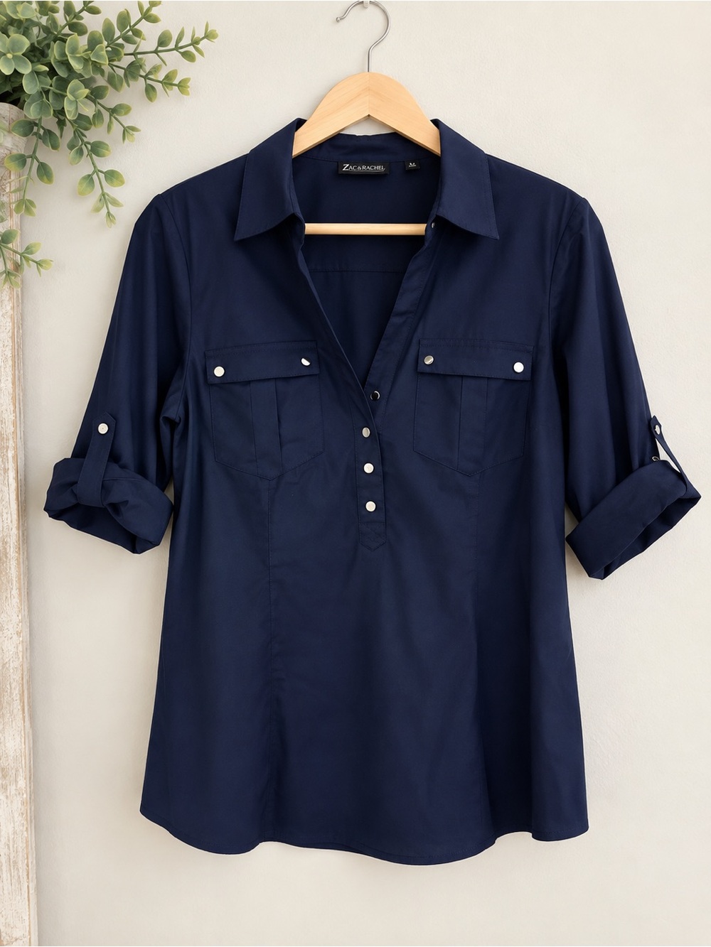 7th avenue New York and company navy blue half button blouse x